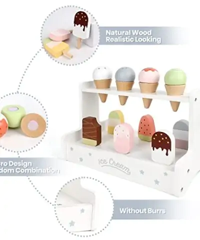 WHOHOLL Ice Cream Toy Wooden Ice Cream Set Play Ice Cream Set for Kids Ice Cream Playset for Kids Ice Cream Cart Toy for Toddlers Wooden Montessori Popsicle Toy for Girls Boys with Menu 0 0