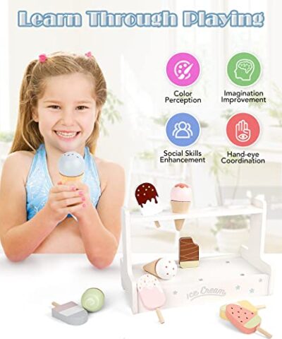 WHOHOLL Ice Cream Toy Wooden Ice Cream Set Play Ice Cream Set for Kids Ice Cream Playset for Kids Ice Cream Cart Toy for Toddlers Wooden Montessori Popsicle Toy for Girls Boys with Menu 0 1