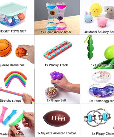 KINGYAO 24 Pack Bundle Sensory Fidget Toys Set Liquid Motion TimerGrape BallMochi SquishyStretchy StringFlippy ChainEaster EggMarble MeshSqueeze BeanCube for Autistic Kids ADHD Anti stress Toy 0 1