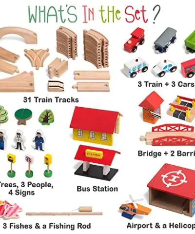 KipiPol Train Set 69 Pieces Wooden Train Tracks Trains for Kids Toddler Boys and Girls 345 Years Old and Up Premium Wood Construction Toys Fits Thomas Brio IKEA Melissa and Doug 0 0