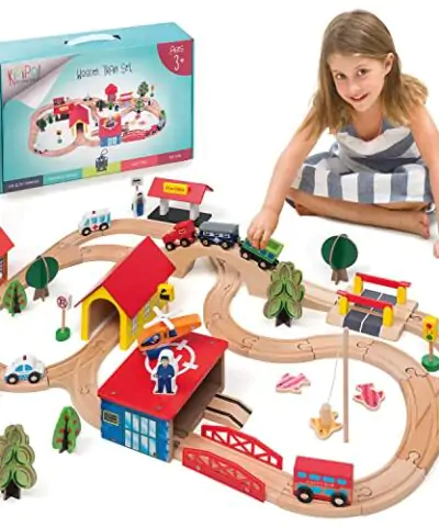 KipiPol Train Set 69 Pieces Wooden Train Tracks Trains for Kids Toddler Boys and Girls 345 Years Old and Up Premium Wood Construction Toys Fits Thomas Brio IKEA Melissa and Doug 0