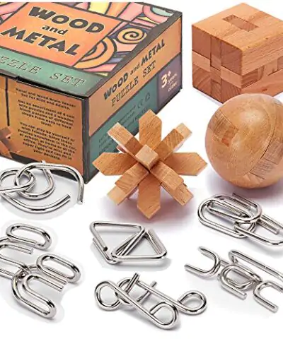 LESONG Brain Teasers Metal and Wooden Puzzles for Kids and Adults 9 Pack Mind IQ and Logic Test and Handheld Disentanglement Games 3D Coil Cast Wire Chain and Durable Wood Educational Toys 0