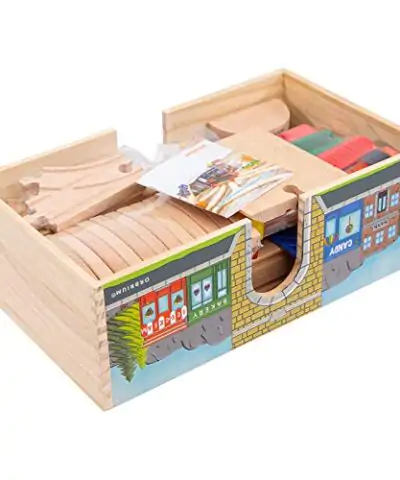 Orbrium Toys 52 Pcs Deluxe Wooden Train Set with Dual use Storage BoxTunnel Compatible with Thomas Wooden Railway Brio Chuggington 0 2