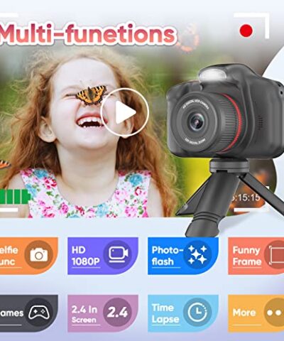 Seckton Upgrade Kids Selfie Camera Christmas Birthday Gifts for Age 3 10 Children Digital Video Cameras with Flash 24 Screen Portable Camera Toy 4 5 6 7 8 9 Year Old Boys Girls Black 0 1