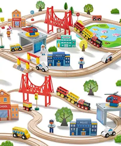 Tiny Land Train Set 110pcs Wooden Train Set Toy Train for Boys Girls with Wooden Train Track Wooden Toys for 3 7 Years Old Toddlers Kids Railway Set 0