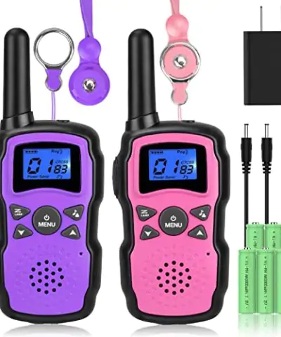 Wishouse Walkie Talkies for Kids Rechargeable with USB Charger 6000mAh BatteryOutdoor Camping Games with Flashlight LanyardToys for GirlsHalloween Xmas Birthday Gift for Children 2 Pack Pink Purple 0